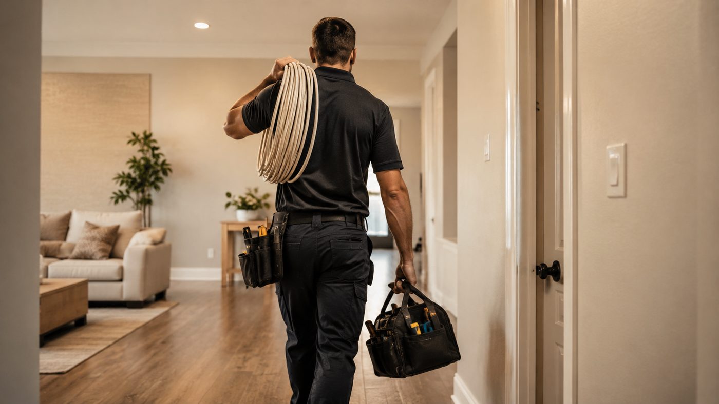 OpticPulse technician arriving on site with a cable coil and tool bag