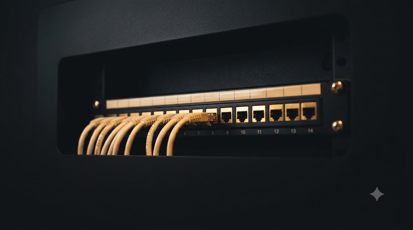 Close-up of a terminated and labelled patch panel
