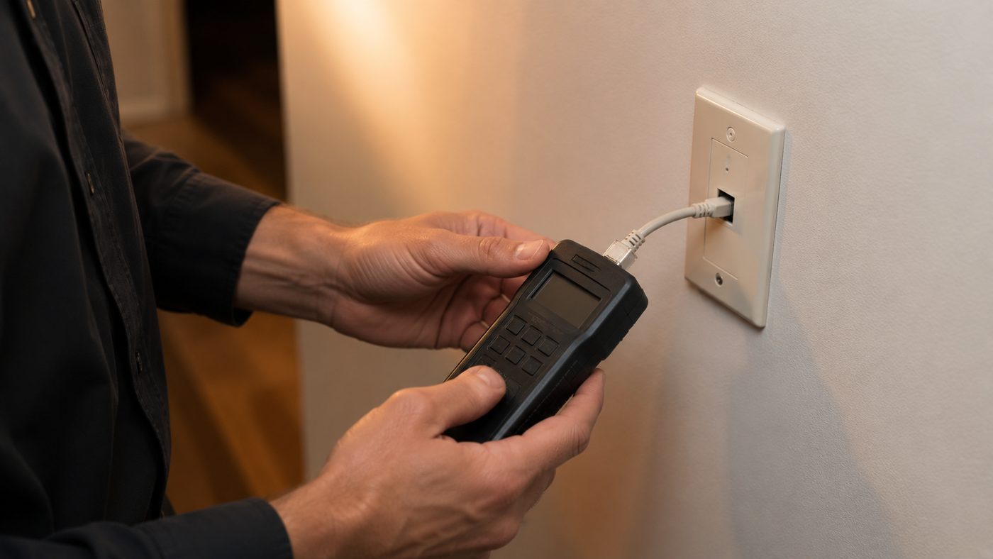 Technician testing a wall jack with a cable tester