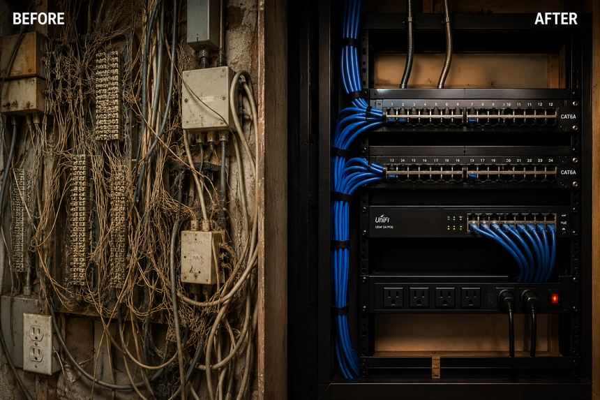 Before-and-after comparison of chaotic legacy wiring versus clean CAT6A rack with UniFi switch