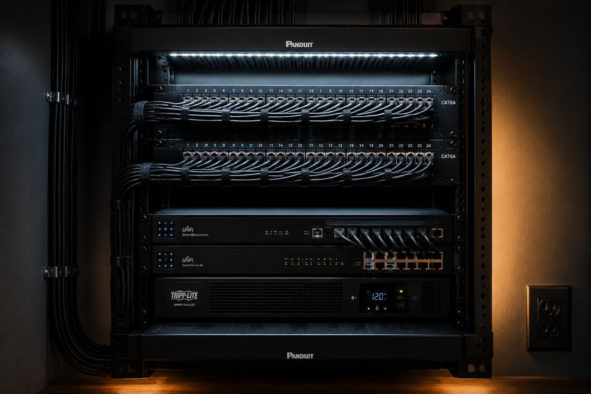 Panduit rack with dual CAT6A patch panels, UniFi Dream Machine Pro, UniFi Switch Pro 48, and Tripp-Lite UPS with clean cable management