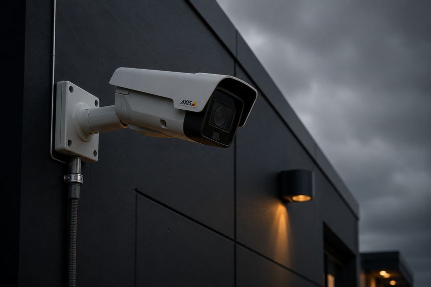 AXIS bullet security camera mounted on a dark commercial building exterior