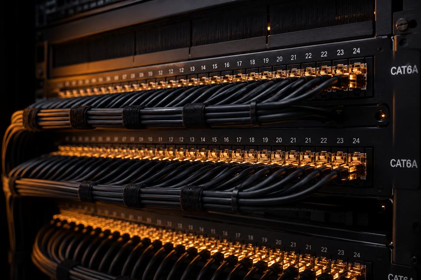 CAT6A patch panels with amber-lit cable management in a network rack