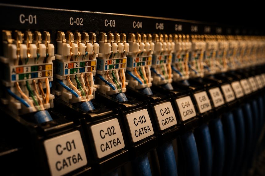 CAT6A punch-down patch panel showing C-01 through C-04 port labels