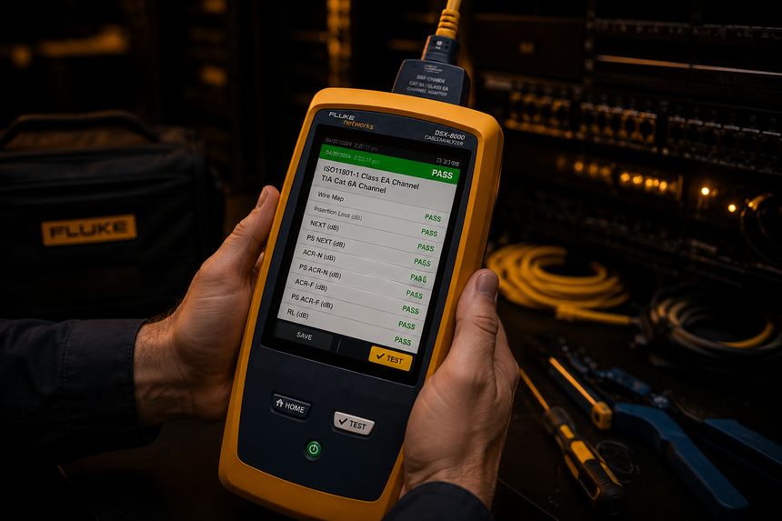 Fluke DSX-8000 cable analyzer displaying TIA Cat6A PASS certification results