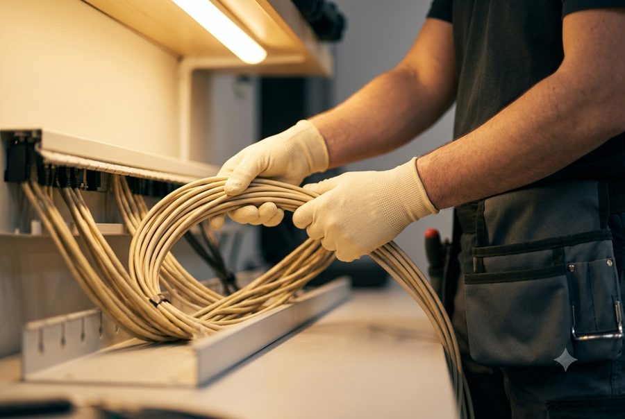 Technician dressing structured cabling at a termination panel