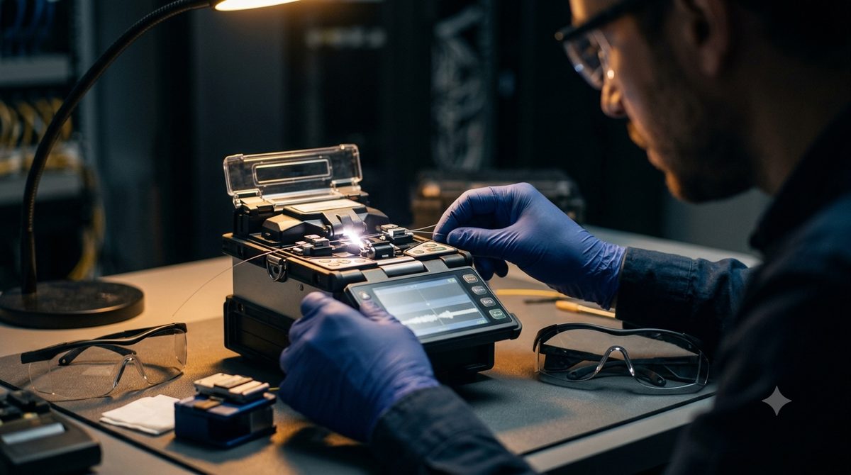 Technician fusion-splicing single-mode fiber at a portable workstation