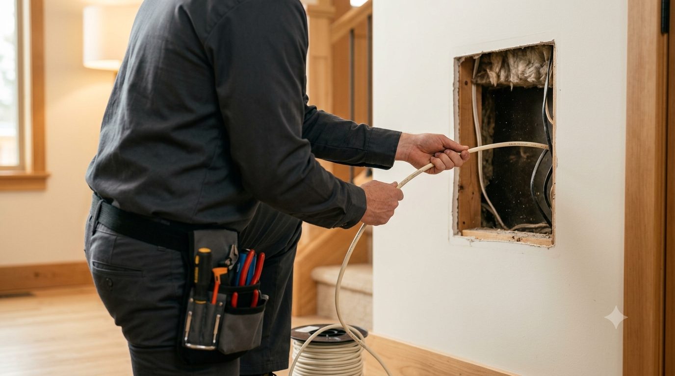 OpticPulse technician pulling Cat6A cable through a wall during a residential pre-wire