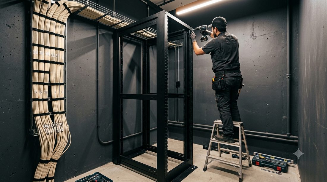 Network rack build in a multi-unit telecom room